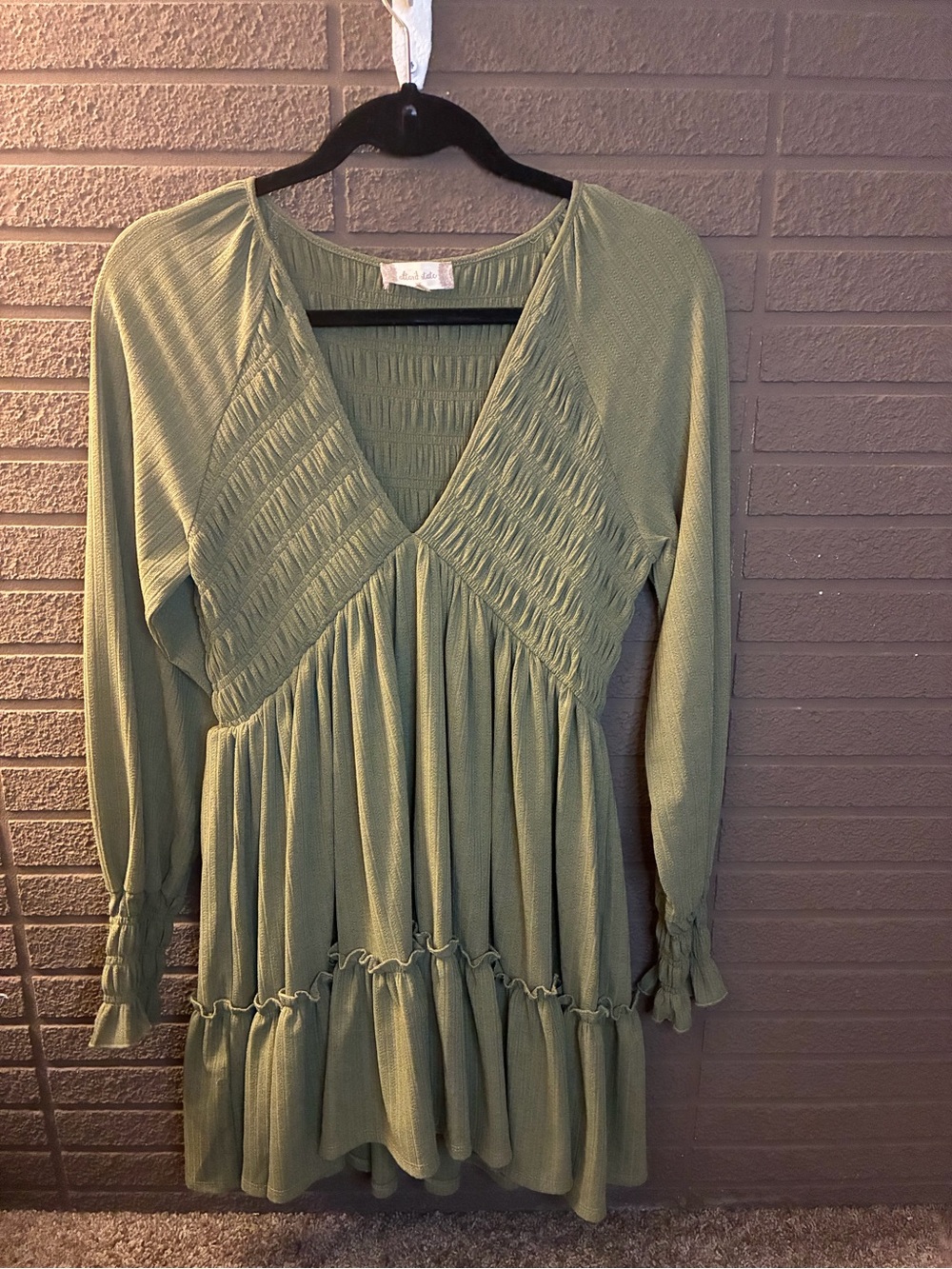 Altar'd State Olive Smocked V-Neck Tiered Long Sleeve Dress